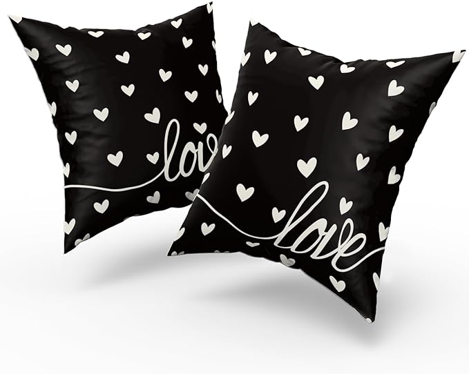 Giwawa Valentines Day Pillow Covers Set of 2 Black Love Hearts Throw Pillowcases Romantic Decorative Double Sided Cotton Square Cushion Covers 20x20inch for Sofa Couch Bedding Wedding Anniversary