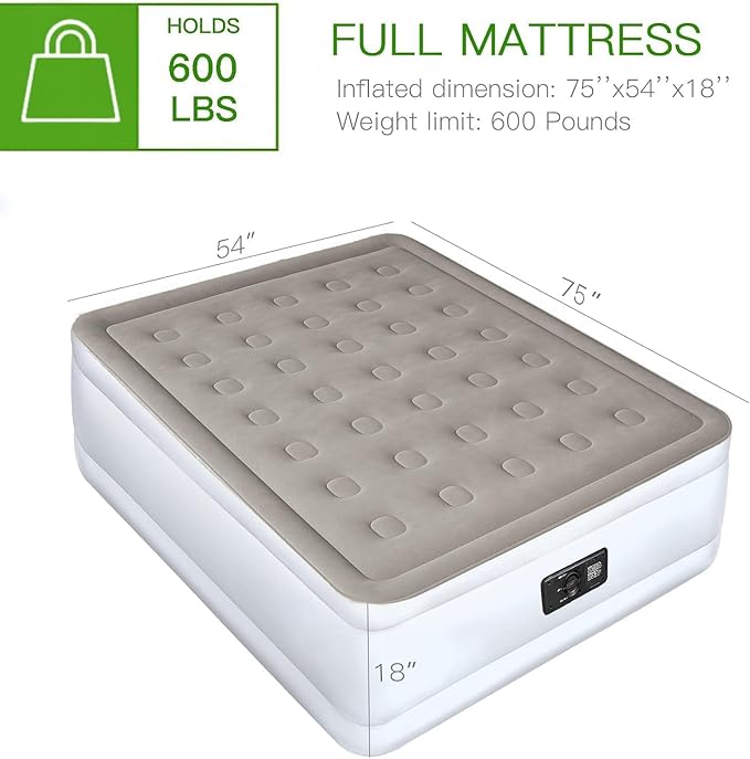 YENING Full Size Air Mattress with Built in Pump Raised Double Blow up Bed Inflatable Camping Airbed Electric 18 Inch Tall Grey