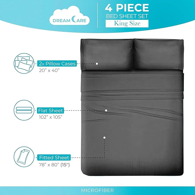DREAMCARE Twin XL Sheet Set - Cooling Bed Sheets - 4pc Set - Deep Pocket - Soft & Long Lasting 100% Polyester with Side Pocket - Dark Gray