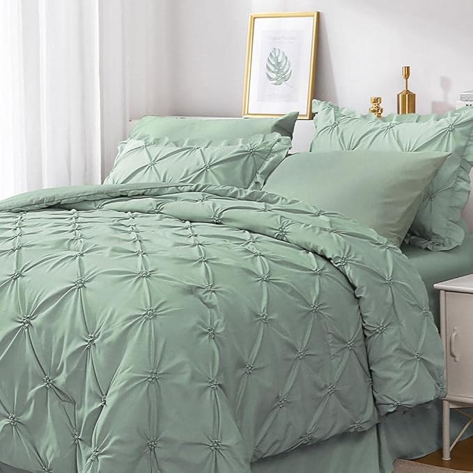 JOLLYVOGUE Green Full Size Comforter Sets 7 Pieces, Pintuck Bed in a Bag Comforter Set for Bedroom, Bedding Comforter Sets with Comforter, Sheets,Ruffled Shams & Pillowcases