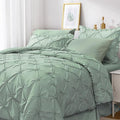 JOLLYVOGUE Green Cal King Size Comforter Sets 7 Pieces, Pintuck Bed in a Bag Comforter Set for Bedroom, Bedding Comforter Sets with Comforter, Sheets,Ruffled Shams & Pillowcases