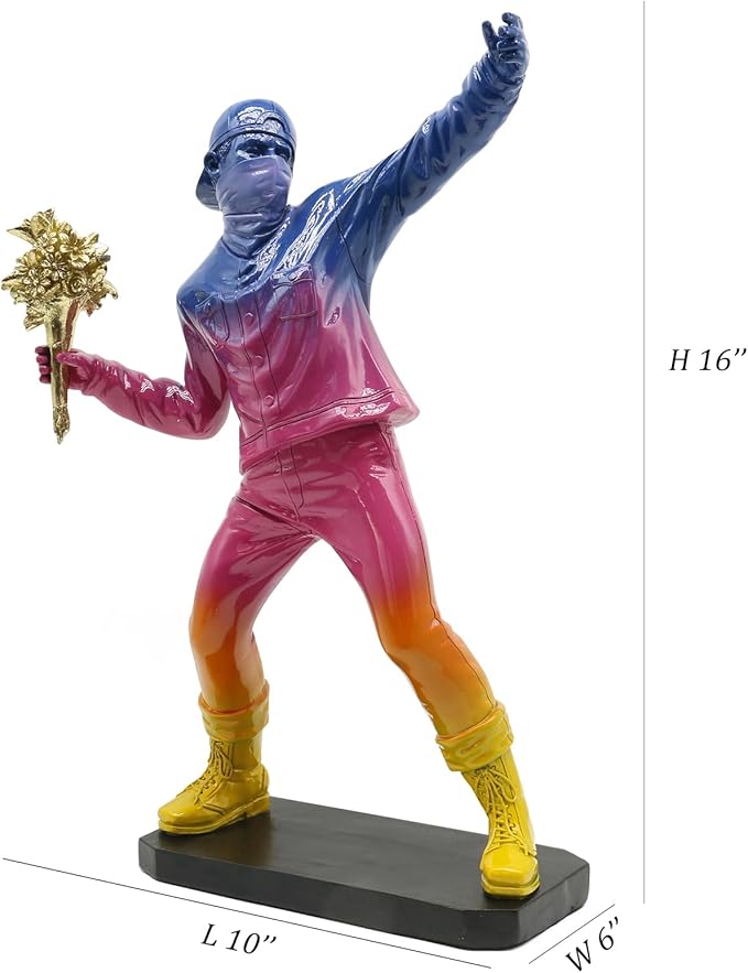POTAMI Banksy Flower Thrower Sculpture 15.75 inch Graffiti Art Statue with Gold Bouquet Replica Gradient Color Accent Inspirational Home Decor Shelf Gift,Cool Stuff to Put on Shelves