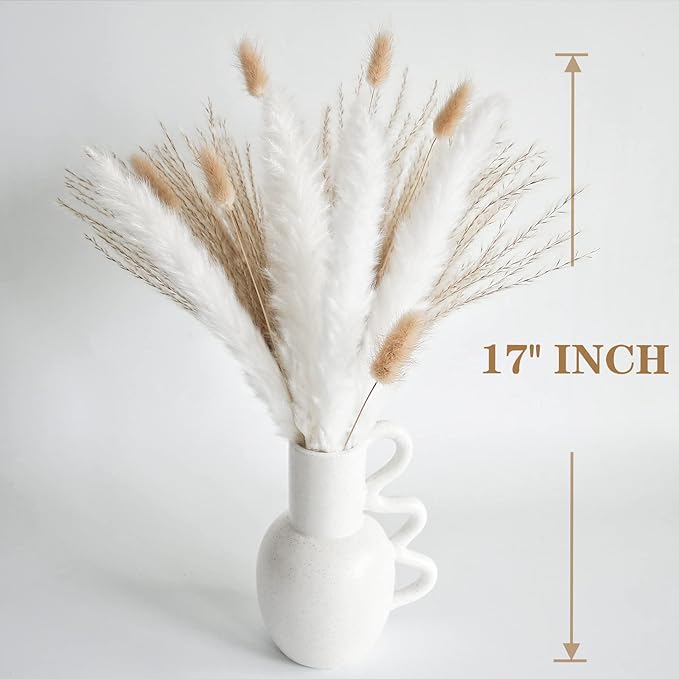 Natural Dried Pampas Grass Decor, White Pampas Grass， Bunny Tails Dried Flowers, Reed Grass Bouquet for Wedding Boho Flowers Home Table Decor, Rustic Farmhouse Party (100 in Total )