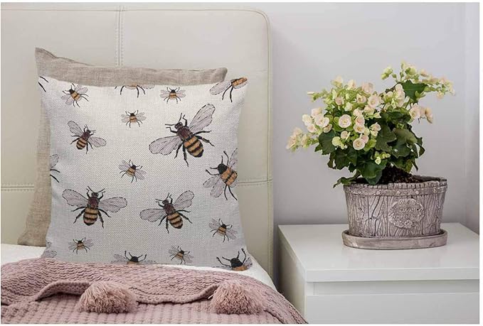 WONDERTIFY Throw Pillow Case Cover Insects Embroidery Big Honey Bee and Small Funny Bee - Soft Linen Pillow Case for Decorative Bedroom/Livingroom/Sofa/Farm House - Cushion Covers 18x18 Inch 45x45 cm