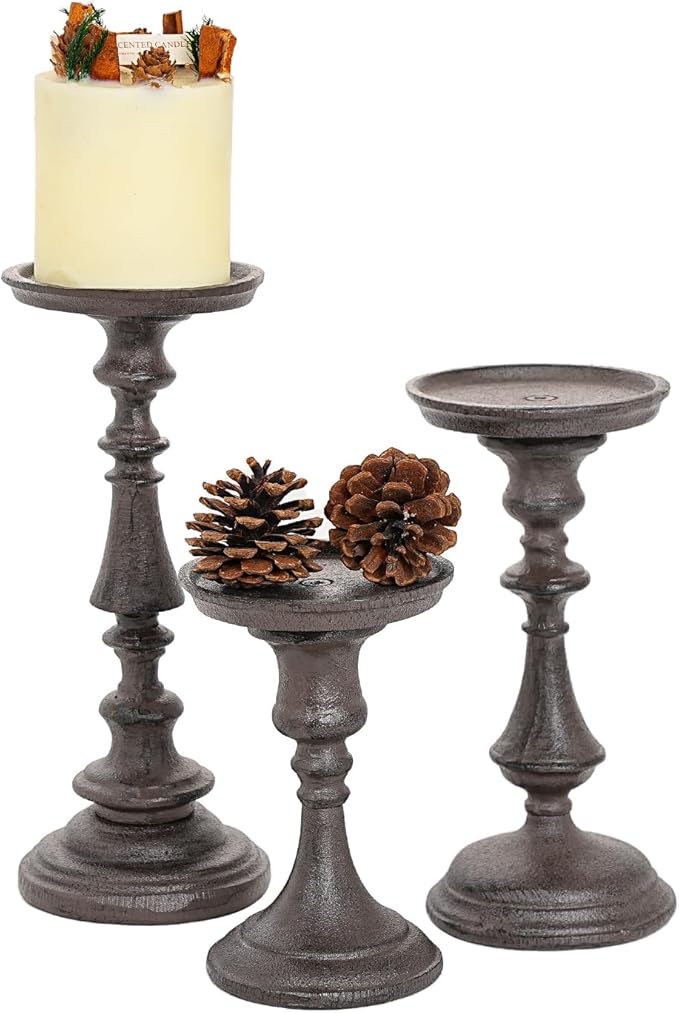 Sungmor Rustic Cast Iron Pillar Candle Holder, 5.9" Tall Vintage Candlestick Holders, Table Centerpiece Metal Candle Holder, Farmhouse Candle Stand for Fireplace Shelf Home Decor