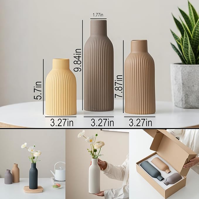 Modern Ceramic Vases Set of 3, Coffee Table Ribbed Decorative Vases, Shelf Table Centerpiece for Home Decor (Coffee Mix)