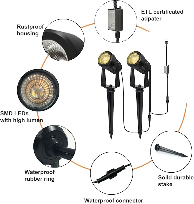 SUNTHIN Outdoor Landscape Lighting, 6 Pack Outdoor Spot Lights with Transformer for Yard, Plant, Lawn, Tree, Flags, House, Garden, Fence Use, IP65 Waterproof & Connectable