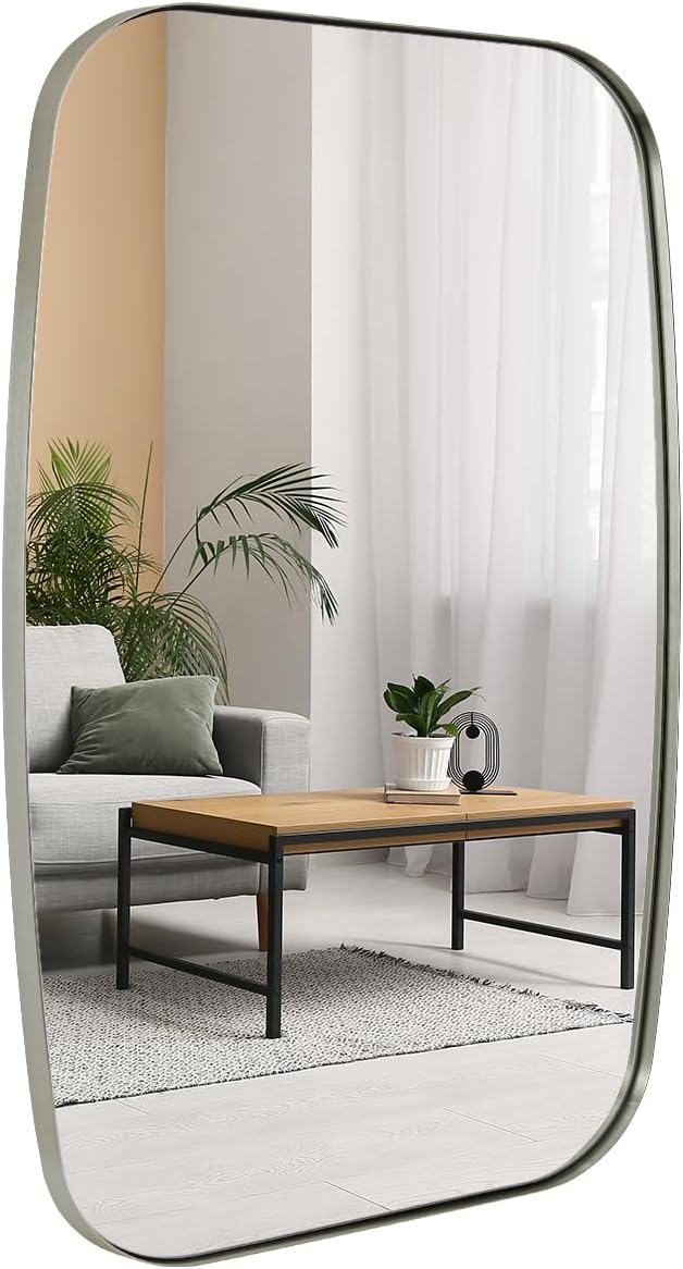 ANDY STAR Brushed Nickel Oblong Mirror, 32x40 Inch Brushed Nickel Oval Mirror for Bathroom with Stainless Steel Metal Frame, Wall Mouned for Bathroom, Living Room, Entryway