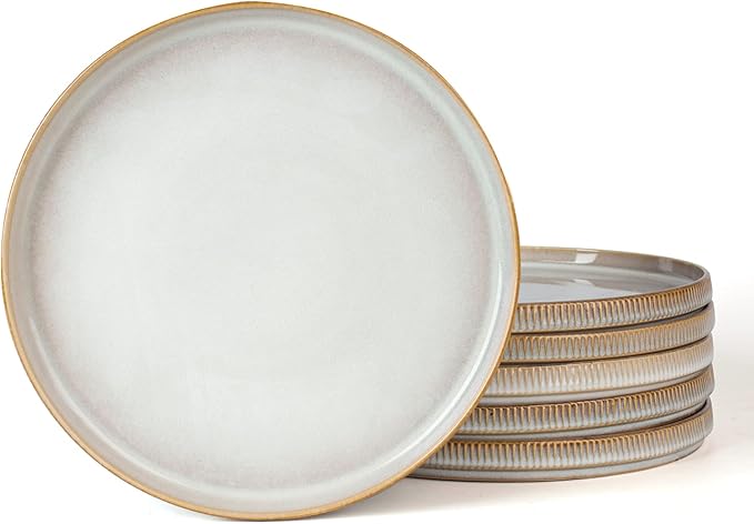 famiware Star Salad Plates for 6, 8 inches Plate Set, Stoneware Dinnerware, Small Dinner Plates for Dessert, Salad, Appetizer, Cappuccino White