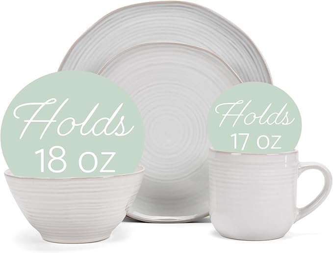 Elanze Designs Reactive Glaze Farmhouse Rustic Boho Ceramic Stoneware Dinnerware 16 Piece Plate Bowl Mug Dish Set - Service for 4, Classic White