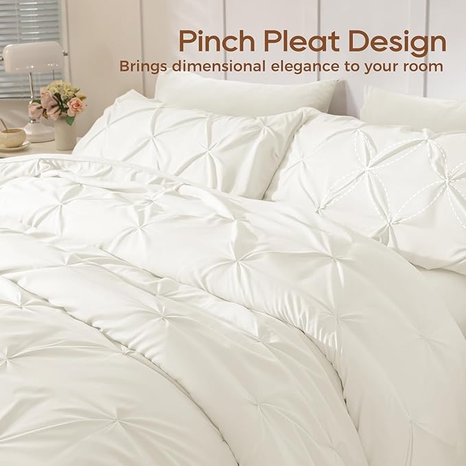 Sasttie Twin Comforter Set, 5-Piece Bed in a Bag, Pintuck Bedding Sets for All Season, Includes Comforter, Flat Sheet, Fitted Sheet, Pillowcase and Pillowsham, Ivory