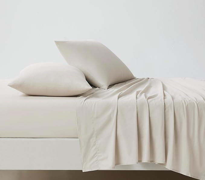Linen Closet Organic 100% Cotton Queen Sheet 4 Pcs Set, 18” Deep Pocket, Beige | Lightweight, Eco-Friendly Cotton, Percale Softness, Durable & Breathable, Naturally Cooling | All Season Comfort