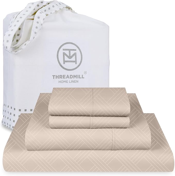 Threadmill Queen Sheet Set for Queen Mattresses | 800 Thread Count Jacquard Celine Light Beige | Better Than Egyptian Cotton | 4 Pc Bed Sheets | Elasticized Deep Pocket | 100% Cotton Queen Sheets
