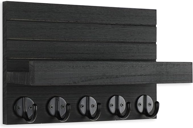 Key Holder for Wall, Decorative Key and Mail Holder with Shelf Has Large Hooks for Bags, Coats, Umbrella – Paulownia Wood Key Hanger with Mounting Hardware (9.8”W x 6.7”H x 4.2”D)