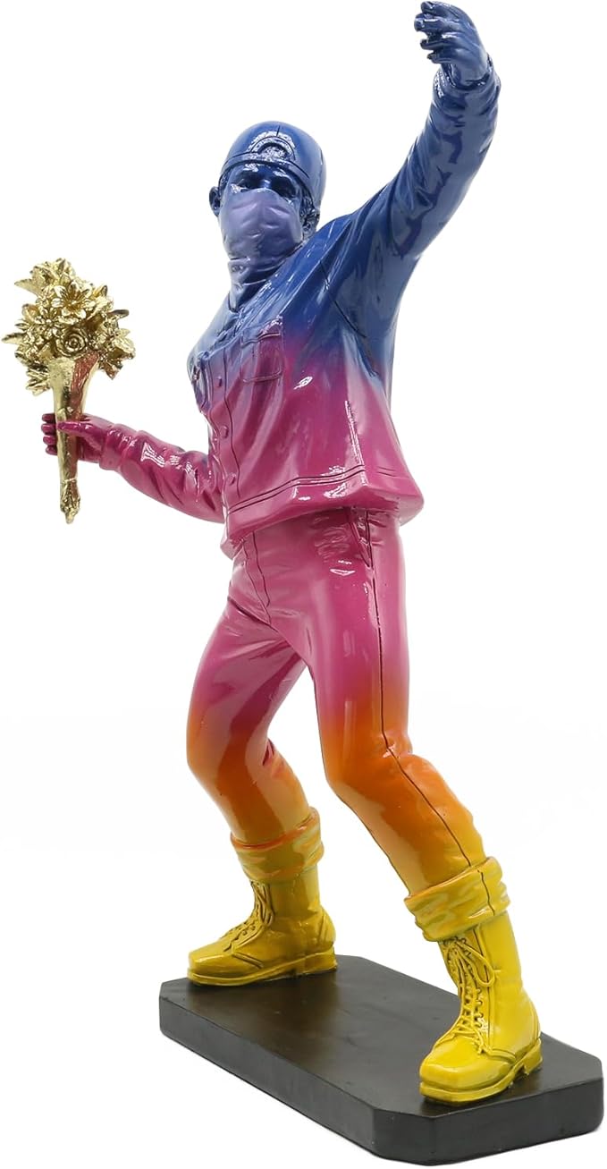 POTAMI Banksy Flower Thrower Sculpture 15.75 inch Graffiti Art Statue with Gold Bouquet Replica Gradient Color Accent Inspirational Home Decor Shelf Gift,Cool Stuff to Put on Shelves