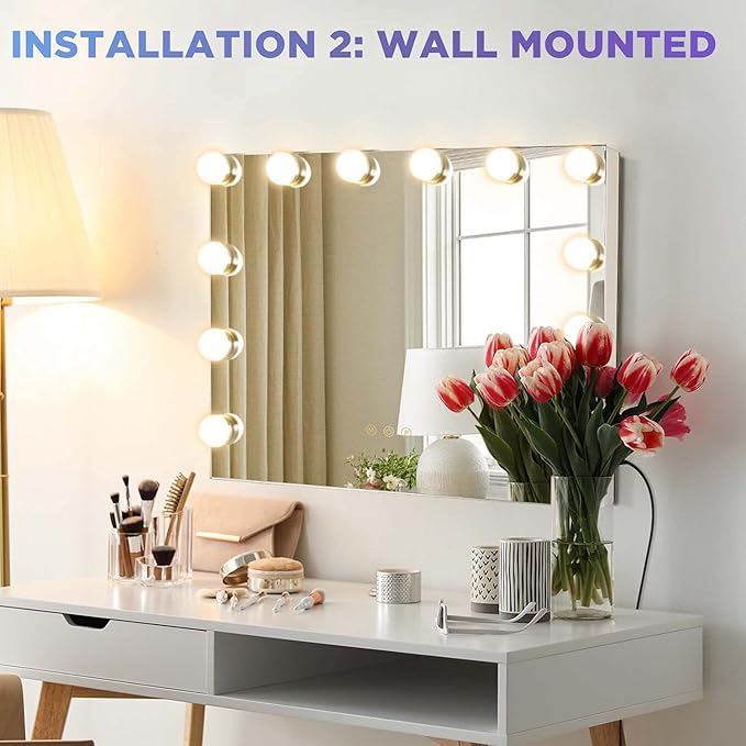M MIVONDA Vanity Mirror with Lights, Lighted Makeup Hollywood Mirror with Dimmable 3 Color Lights LED Bulbs for Desk and Wall, Mirrors with Plug-in and USB Charger for Bedroom