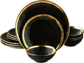 Black Luxury Plates and Bowls Sets, 12 Piece Porcelain Dinnerware Sets Service for 4, Modern Dinner Plates Set, Gold Rim Dish Set for Wedding Anniversary Birthday