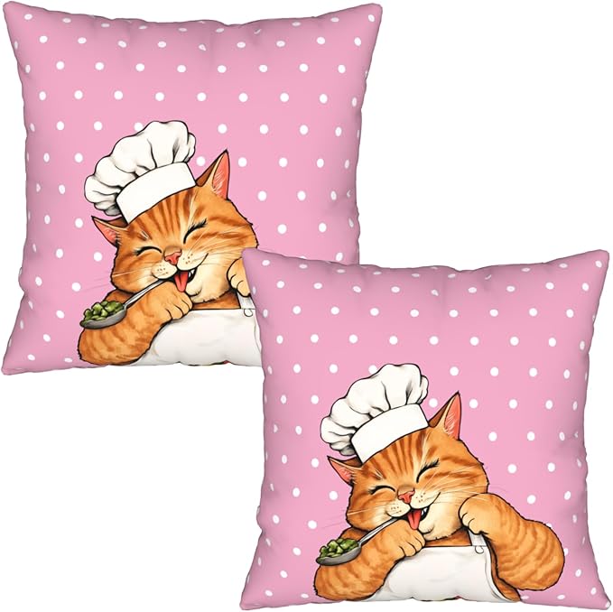 Cat Pillow Covers 22x22 - Polka Dot Pillowcase Set of 2 Pink Kitten Cushion Covers for Sofa Couch Bed
