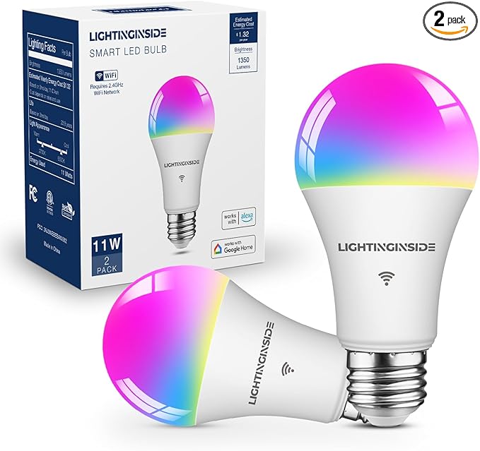 Lightinginside Smart Light Bulbs 100W Equiv., 1350LM 11W Smart Bulb Works with Alexa/Google Home/Smart Life, A19 E26 RGBCW Color Changing, No Hub Required, 2.4G WiFi Bluetooth Bulb, ETL Listed, 2PCS