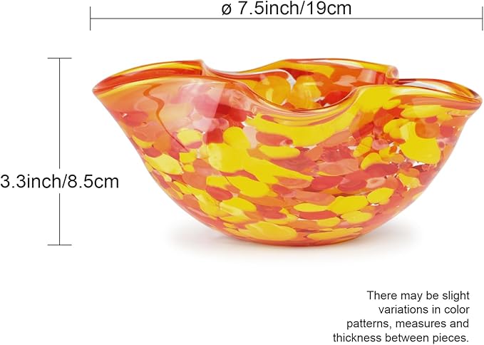 Ca D Oro Murano Style Decorative Orange Glass Bowl Confetti Effect Hand Blown Art Glass Crystal for Home, Room Decoration and Centerpiece - Waved