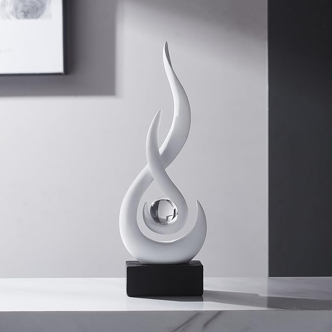 AWNR Modern White Sculpture Decor: Flame Statue with Glass Ball Resin Abstract Art Figurines Unique Centerpiece for Living Room TV Stand Coffee Table Office Decor