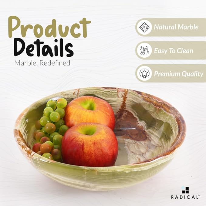 Radicaln Marble Fruit Bowl 10" Inches Green Onyx Handmade Fruit Dish for Kitchen Counter, Decorative Bowl for Dining Table, Coffee Table Centerpiece, Banana Holder, Home Decor Accent & Candy Bowl