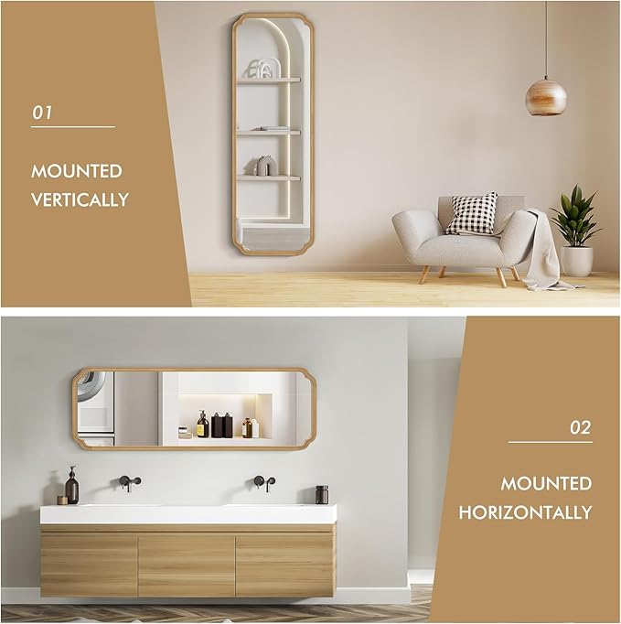 WallBeyond Full Length Mirror Wall Mounted 65"x22", Rustic Wooden Frame Floor Mirror, Large Full Body Mirror for Bedroom, Leaning or Hanging Against Wall (Naturl Solid Wood)
