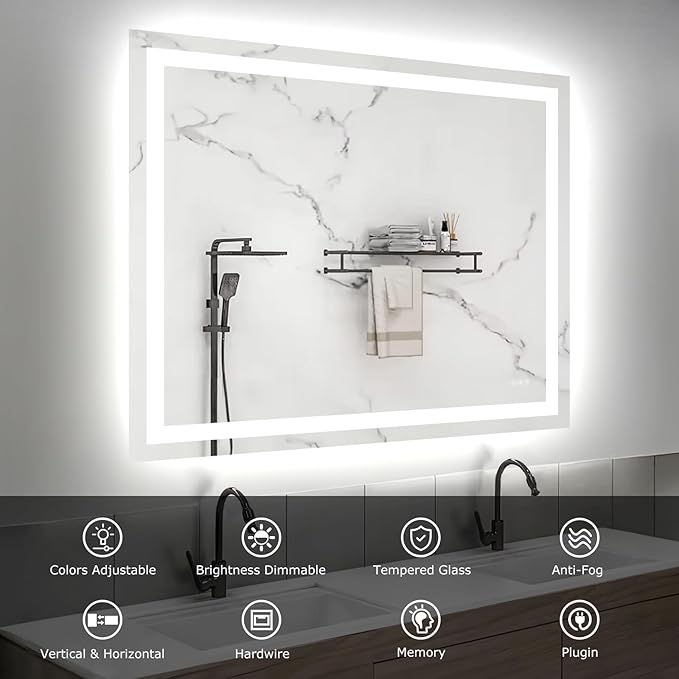 48X40 LED Bathroom Mirror with Lights, Anti-Fog, Dimmable, Backlit + Front Lit, Smart Bathroom Vanity Mirror, Memory Function, Shatterproof, Tempered Glass (Horizontal/Vertical)