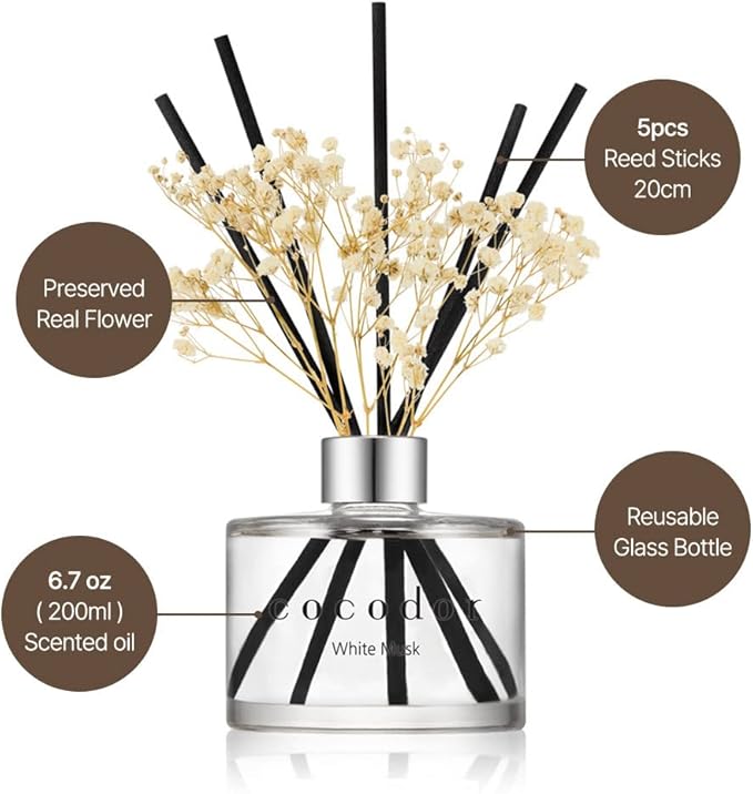 COCODOR Flower Reed Diffuser Set / 6.7oz / Pure Cotton/Scent Diffuser with Sticks Home Fragrance Reed Diffuser for Bathroom Shelf Decor