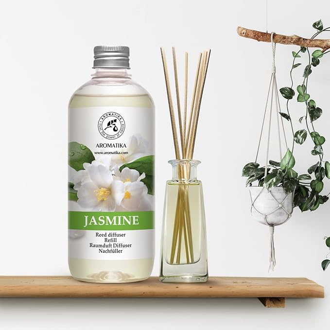 Jasmine Reed Diffuser Refill w/Natural Essential Jasmine Oil 17 Fl Oz - Fresh & Long Lasting Fragrance - Scented Reed Diffuser Oil Refill - Best for Aromatherapy - SPA - Home