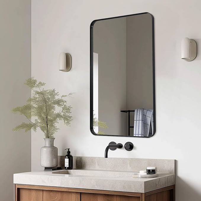 ANDY STAR Black Bathroom Mirror, 24”x40” Rounded Corner Rectangle Mirror, Modern Metal Frame Bathroom Vanity Mirror(Matte Black Finish)