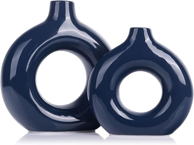 Bright Blue Ceramic Vase Set of 2 - Decorative Circular Blue Vases for Centerpieces, Farmhouse and Home Decor - Ideal for Living Room, Kitchen, Bedroom, Dining Table and Office Decor