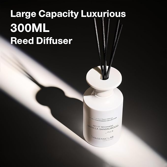 M&SENSE Minimalist Large Reed Diffuser 300ml, Vanilla Sandalwood Scented with Natural Essential Oils, Long Lasting with 7 Sticks, Non-Toxic Home Fragrance for Bedroom, Bathroom Decor