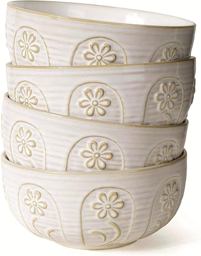 Artena Soup Bowls 32 OZ, Cereal Bowls Set of 4, White Embossment Ceramic Ramen Bowl for Salad, Dinner, Pho, Noodle, Pasta, Snacks, Dishwasher Microwave Safe, 6.3 Inch, Pinwheel Flower