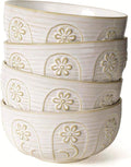 Artena Soup Bowls 32 OZ, Cereal Bowls Set of 4, White Embossment Ceramic Ramen Bowl for Salad, Dinner, Pho, Noodle, Pasta, Snacks, Dishwasher Microwave Safe, 6.3 Inch, Pinwheel Flower