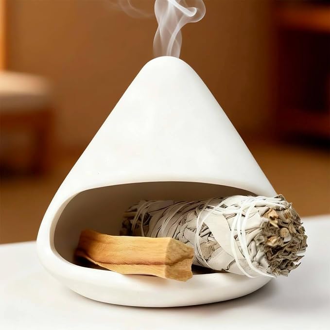 Handcrafted Natural Clay Smudge Pot-Mini Chimenea Incense Holder for Sage, Copal & Palo Santo-Aromatherapy Burner with Unique Design-Perfect Anxiety Relief Gift for Women, Zongzi Style, White