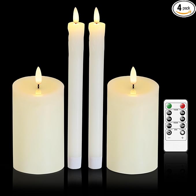 Real Wax LED Flameless Candles with Remote Timer, 4 Pcs Ivory Battery Operated Window Candle with 3D Flickering Flame for Fireplace Xmas Halloween Wedding Decor (9.5" Taper & 5" Pillar)
