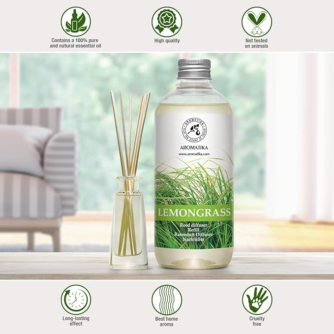 Lemongrass Reed Diffuser Refill, Natural Essential Lemongrass Oil 17 Fl Oz - Fresh & Long Lasting Fragrance - Reed Diffuser Oil Refill for Aromatherapy - Home - Office - Restaurant