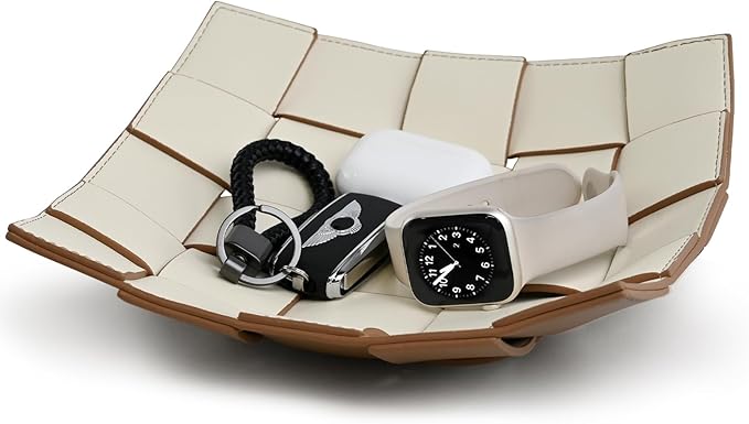 Valet Tray PU Leather Key Bowl for Men Women Entryway Table Nightstand Catchall EDC Dump Tray for Wallet, Keys, Jewelry Men's Gift - Coffee & White, 9.8" L x 9.8" W x 2" H