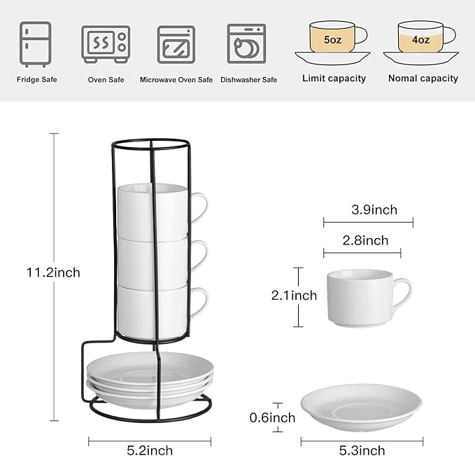 4oz Porcelain Stackable Espresso Cups with Saucers and Metal Stand Set of 4, Stackable Cappuccino Cups, White Expresso Shots Cup Set for Coffee Drinks, Latte, Americano, Tea