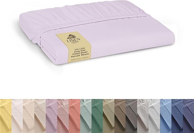 Linen Home 100% Cotton Percale Weave Fitted Sheet, King Size, Iris Lilac, 1 Deep Pocket Fitted Sheet, Fits Mattress Upto 16" Crisp and Cool Strong Bed Linen, 78"X80"+15"