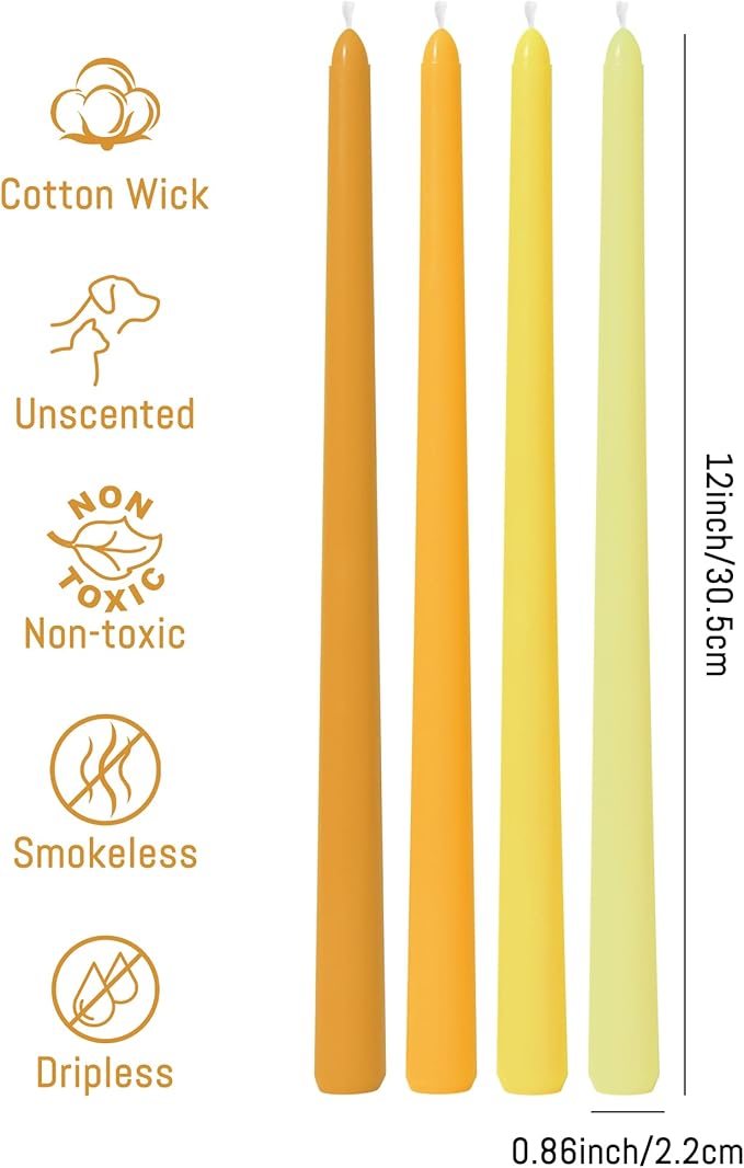 Viyffo Taper Candles 12 Inch 4 Pack Yellow, 9 Hour Burn Unscented Dripless & Smokeless Decorative Candles for Dinner, Wedding & Home Decor