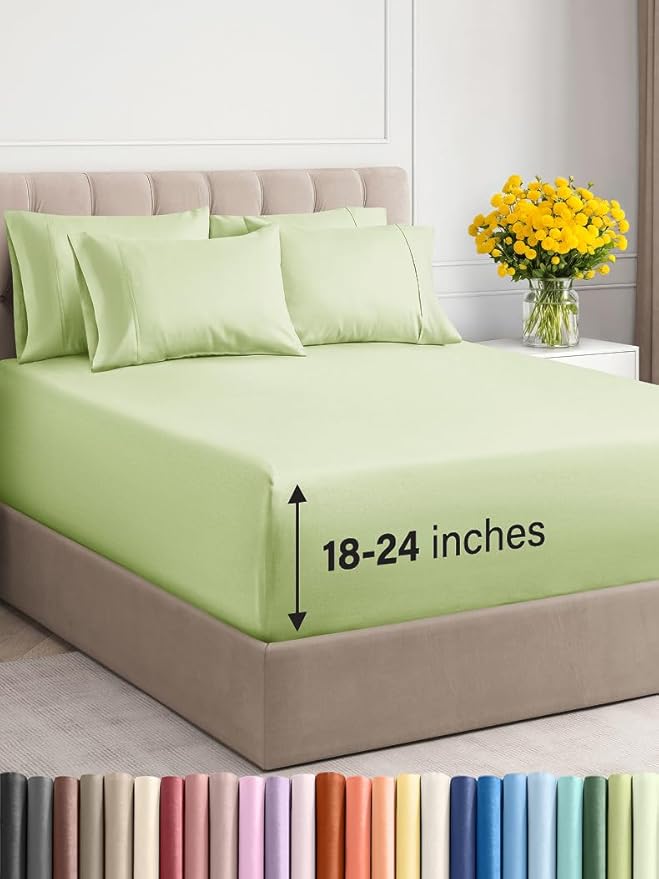 Extra Deep Cal King Sheet Set - 6 Piece Breathable and Cooling Sheets - Hotel Luxury Bed Sheets Set - Easy Fit - Soft, Wrinkle Free and Comfy Sheets Set - Light Sage Sheet Set with Extra Deep Pockets