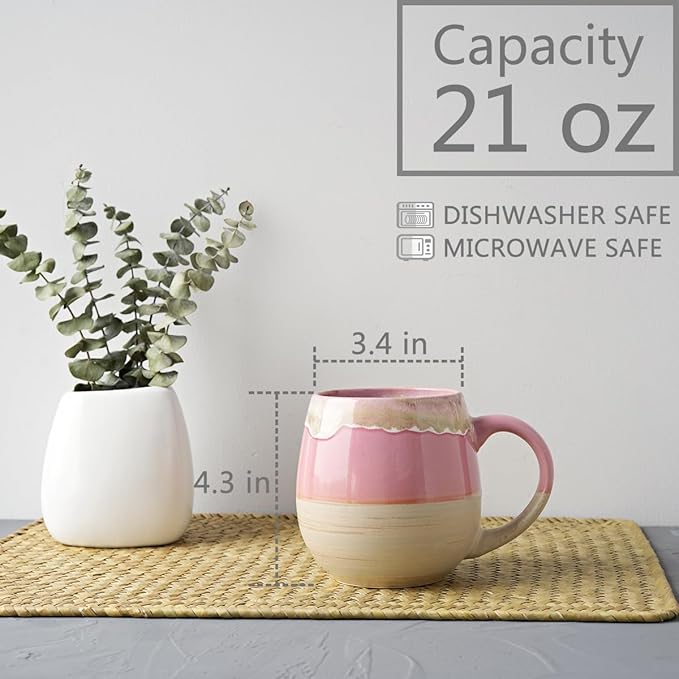 Bosmarlin Large Ceramic Coffee Mugs Set of 2, 21 Oz, Dishwasher and Microwave Safe, Big Oversized Cup with Handle for Wome/Men, Reactive Glaze (Deep Blue&Pink)