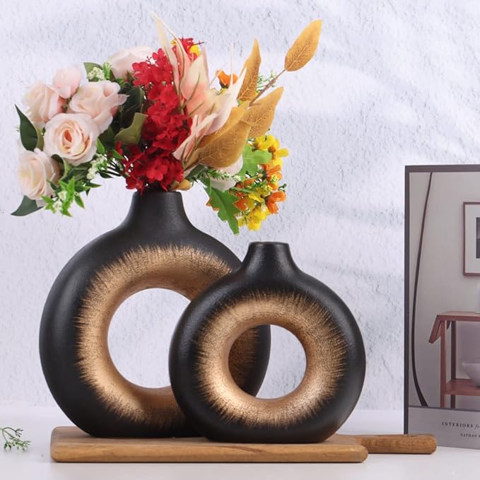 Black Gold Ceramic Vase Set of 2 - Perfect for Home Decor, Living Room, Circle Hollow Donut Vase, Boho Style, Minimalist and Modern Decor - Matte Finish for Flowers, Pampas and More