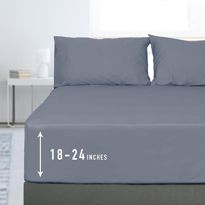 Sunflower Queen Fitted Sheet, 1-Piece Extra Deep Pocket Fitted Bottom Sheet 22", 100% Cotton Sateen Soft Breathable, Stone Blue