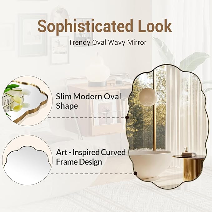 ANDY STAR Brushed Gold Scalloped Mirror - 22x30 Inch Bathroom Mirror, Vintage Oval Vanity Mirror, Rust-Proof Anti Rust Stainless Steel Wall Mount Horizontal or Vertical