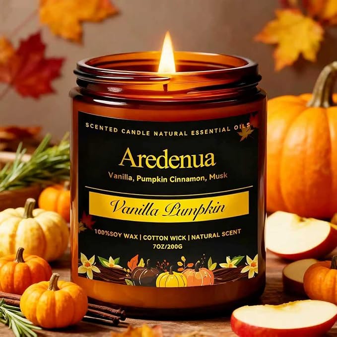 Fall Candles | Vanilla Pumpkin Scented Candle - Scented Candles for Autumn, 7oz Autumn Soy Candle with 50hr Burn Time, Holiday Thanksgiving Fall Gifts for Women Men