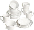 LE TAUCI 16-Piece Ceramic Cups and Plates sets for Kitchen, Service for 4 – White Farmhouse Deeper Plates & Bowls (10" Dinner, 8" Salad, 6" Bowls, 18 oz Mugs), Stackable, Chip Resistant Stoneware