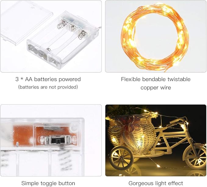 Led Fairy Lights Battery Operated, 2 Packs Mini Battery Powered Copper Wire Starry Fairy Lights for Bedroom, Christmas, Parties, Wedding, Centerpiece, Decoration (5m/16ft Warm White)